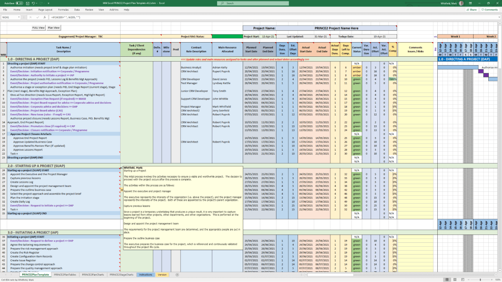 Example MS Excel PRINCE2 template (available on this website)