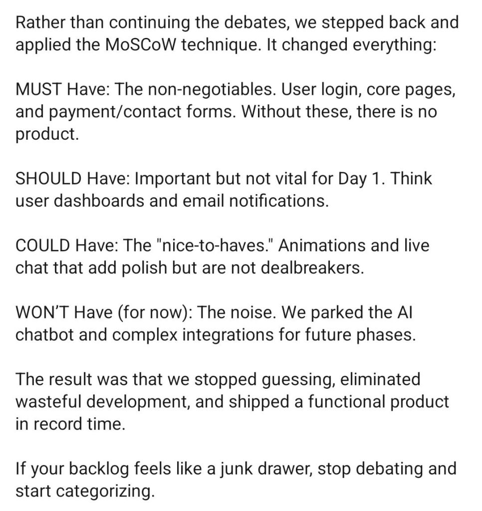 Agile Backlog MoSCoW, Must, Should, Could and Won't Have