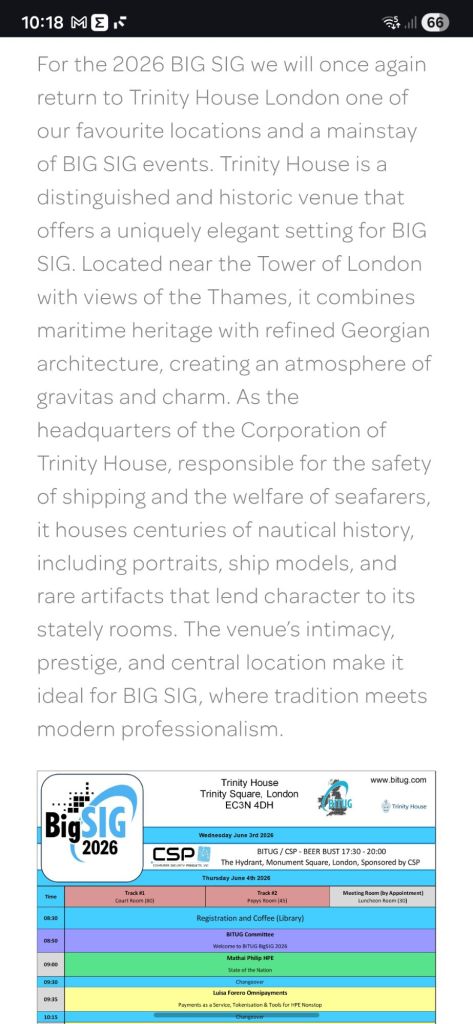 The BITUG BIG SIG 2026 event is scheduled for Thursday, 4 June 2026. 