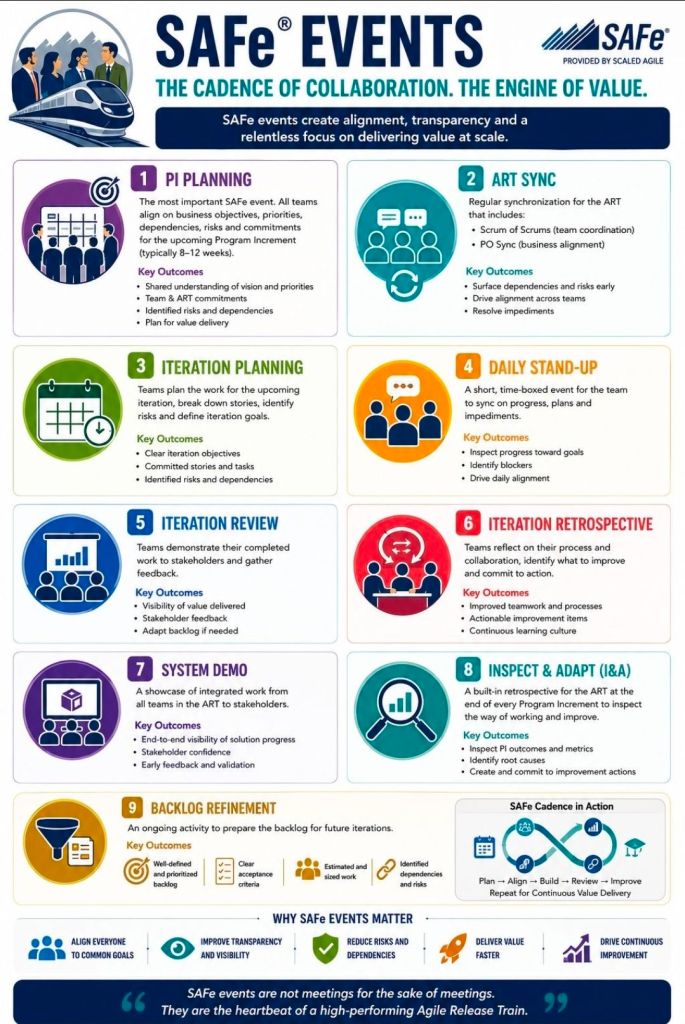 SAFe (Scaled Agile Framework) events are structured, time-boxed ceremonies designed to drive synchronization, alignment, and continuous improvement across different levels of an enterprise