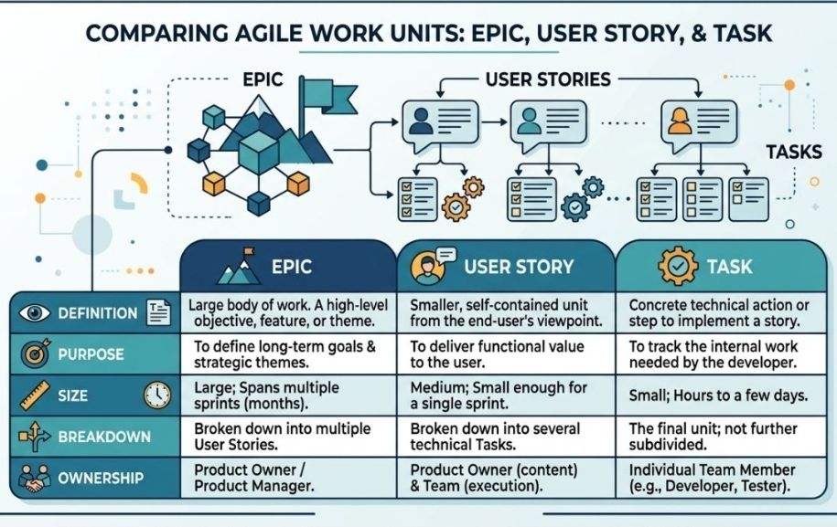 Comparing Agile Work Units; Epic, User Story & Task