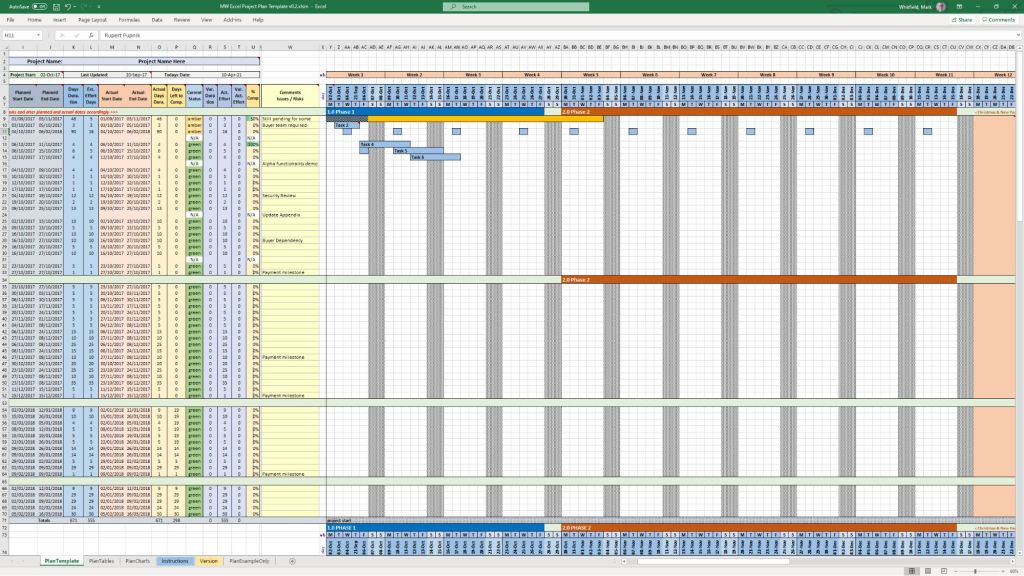 Example MS Excel Project Plan template
