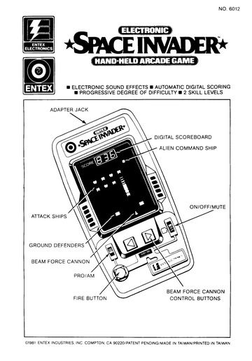 Entex Space Invader handheld electronic game, back of box