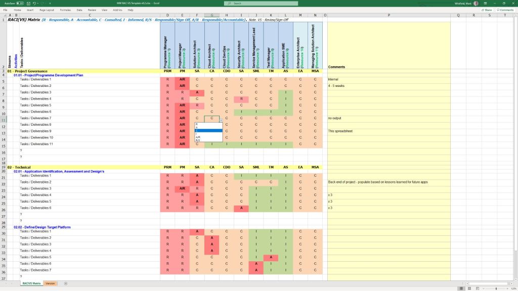 Example MS Excel RACI matrix template