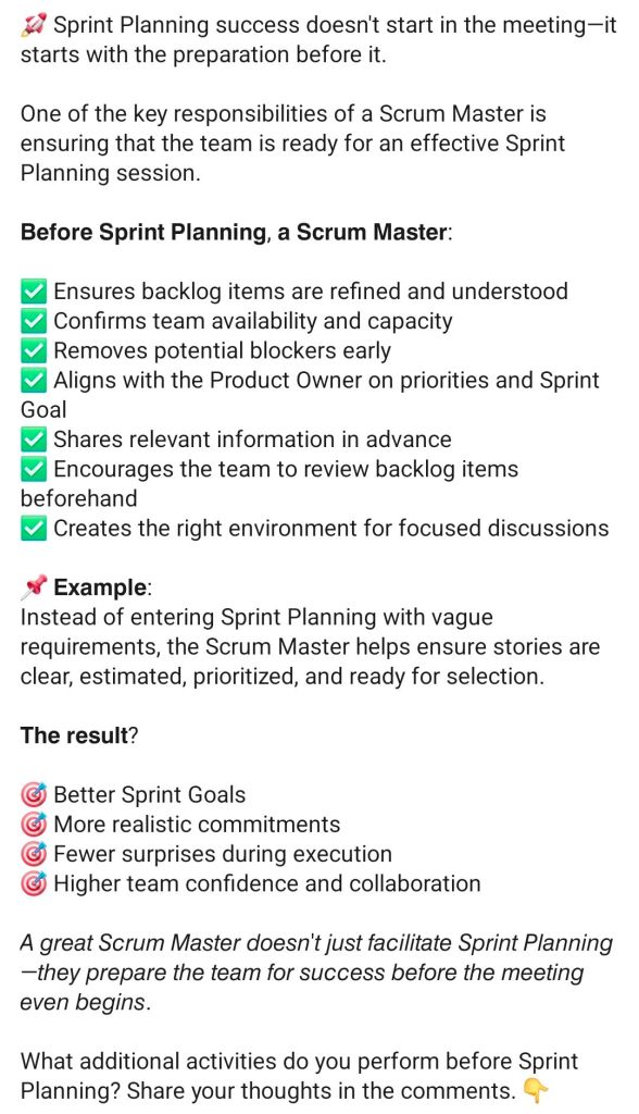 Tye Scrum Master Activities before the Sprint Planning
