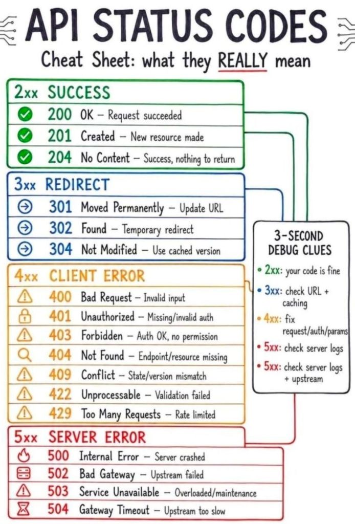 Status Codes, Standardized numbers that indicate the result of a request (e.g., 200 for success, 404 for not found, or 500 for server error)