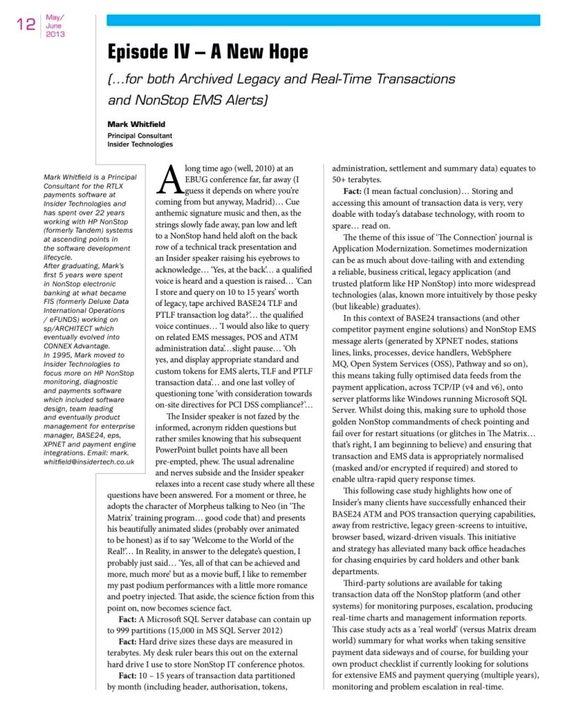 2. Mark Whitfield, Globally published HPE NonStop journal – ‘The Connection’, 2013