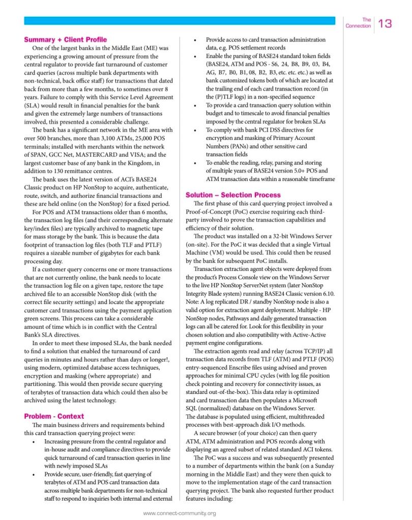 3. Mark Whitfield, Globally published HPE NonStop journal – ‘The Connection’, 2013